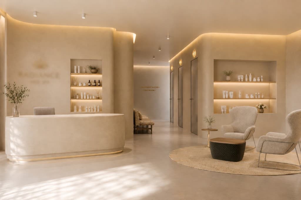 Luxury spa reception with warm ambient lighting